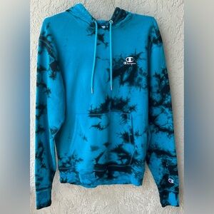 CHAMPION BLUE/BLACK TIE-DYE UNISEX HOODIE, KANGAROO POCKET Size: SMALL
